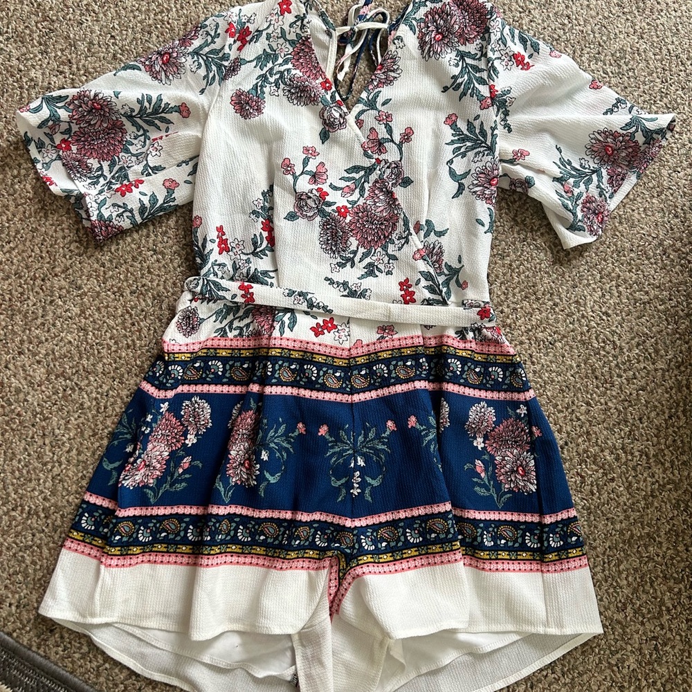 Floral Print Romper with Blue Accents